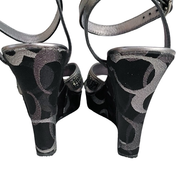 COACH Camelia Pewter & Black Ankle Strap Platform Wedge Sandals - Picture 6 of 9